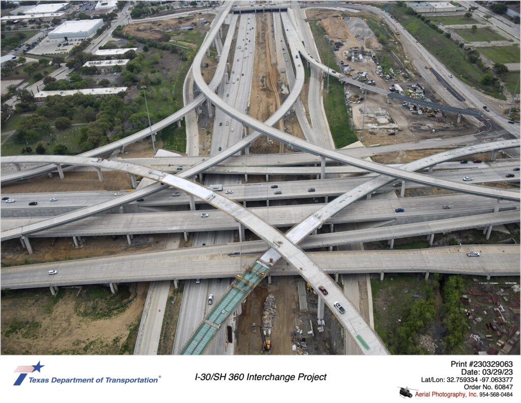 I-30 and SH 360 intechange looking east focusing on direct connector and I-30 eastbound mainlane construction. March 2023.