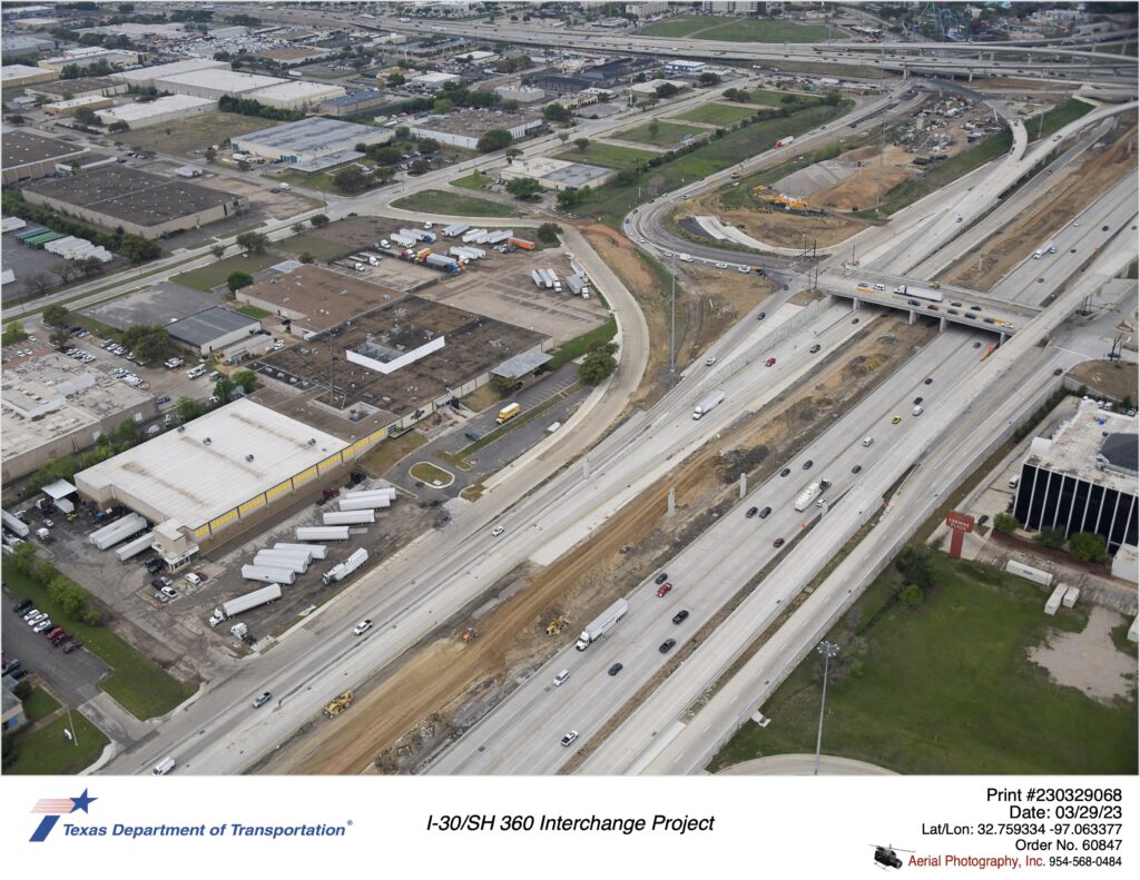 I-30 and Six Flags Dr interchange highlighting construction of I-30 eastbound mainlanes. March 2023.