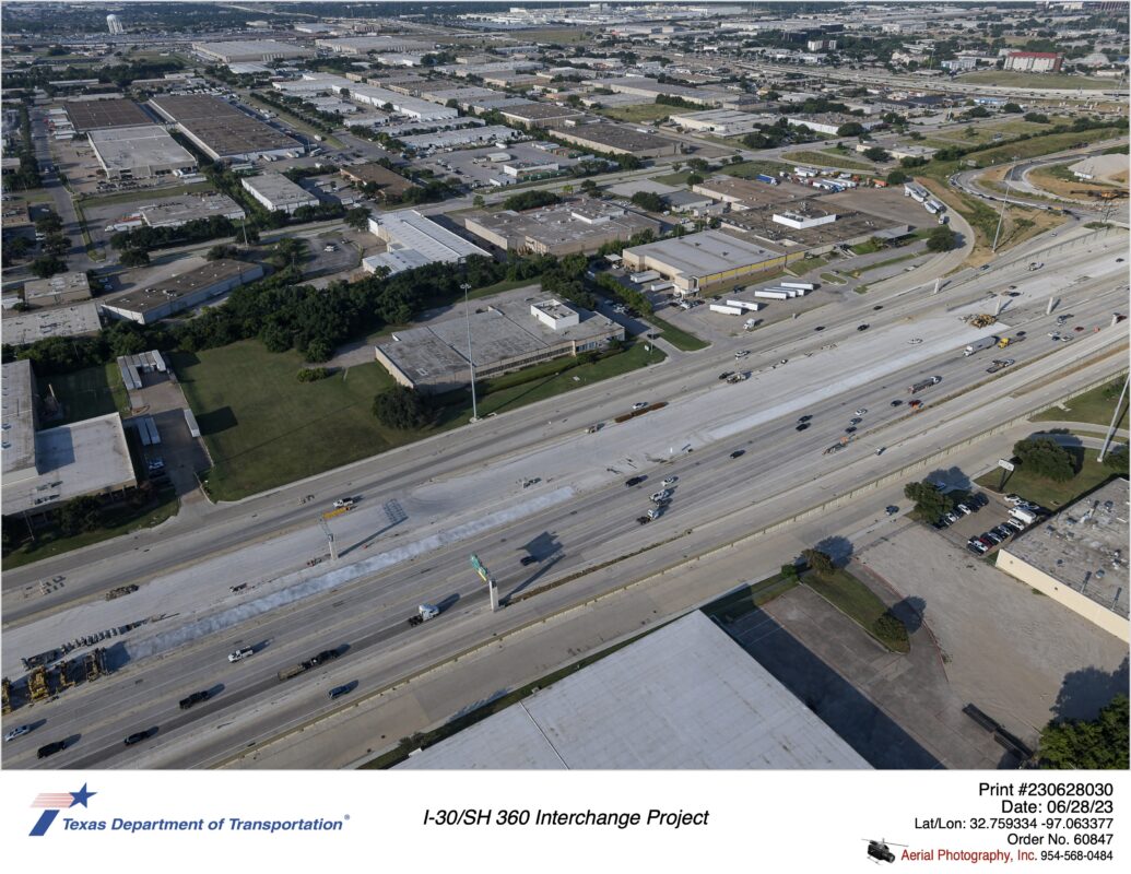 I-30 between Six Flags Dr and Great Southwest Pkwy showing construction of new eastbound mainlanes.