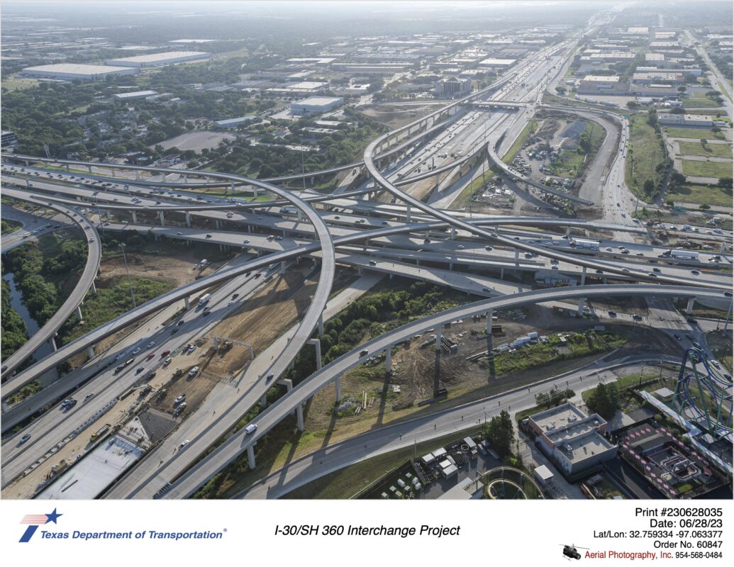 I-30 and SH 360 interchange looking northeast over Six Flags Over Texas.