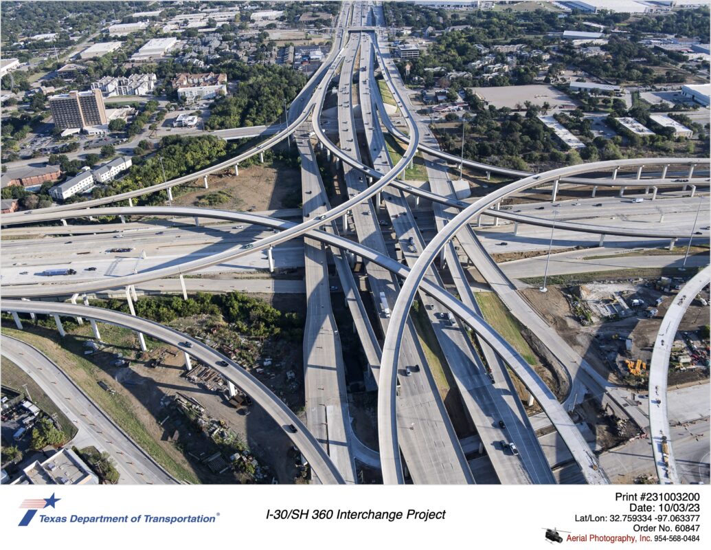 SH 360 and I-30 interchange looking north. October 2023.