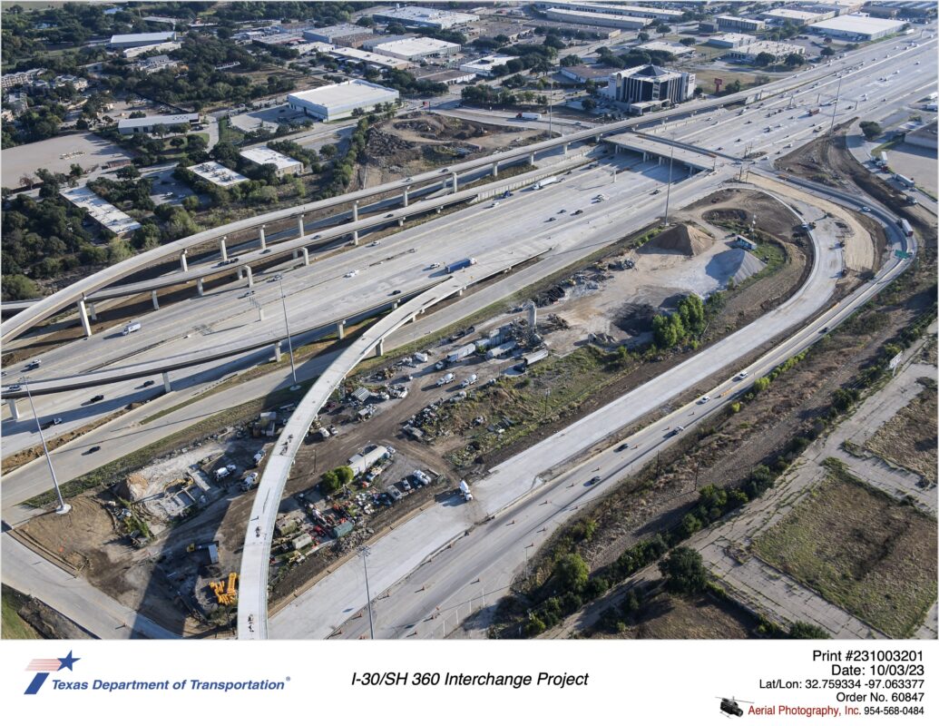 I-30 looking northeast at Six Flags Dr and Six Flags Dr interchange. October 2023.