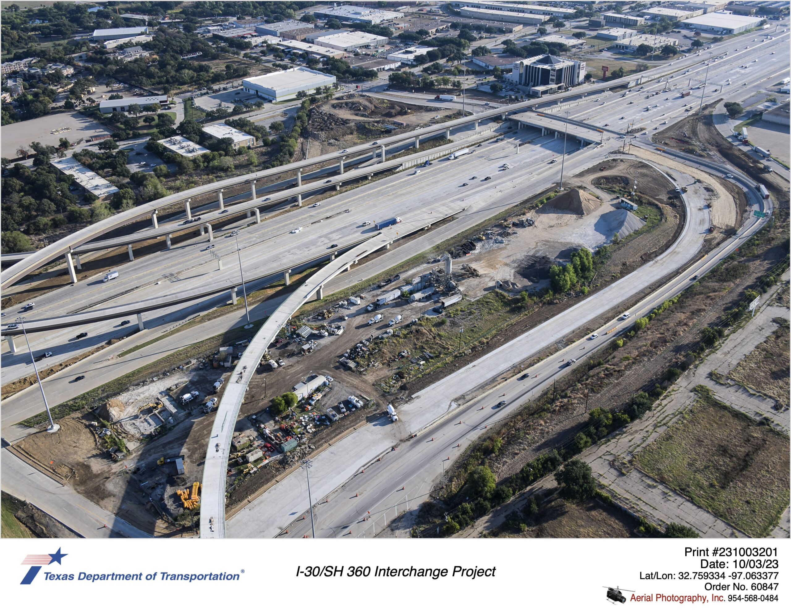 I-30 looking northeast at Six Flags Dr and Six Flags Dr interchange. October 2023.