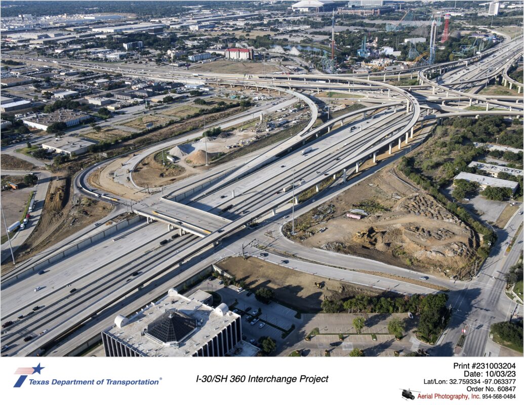 I-30 and SH 360 interchange in background looking west southwest. October 2023.