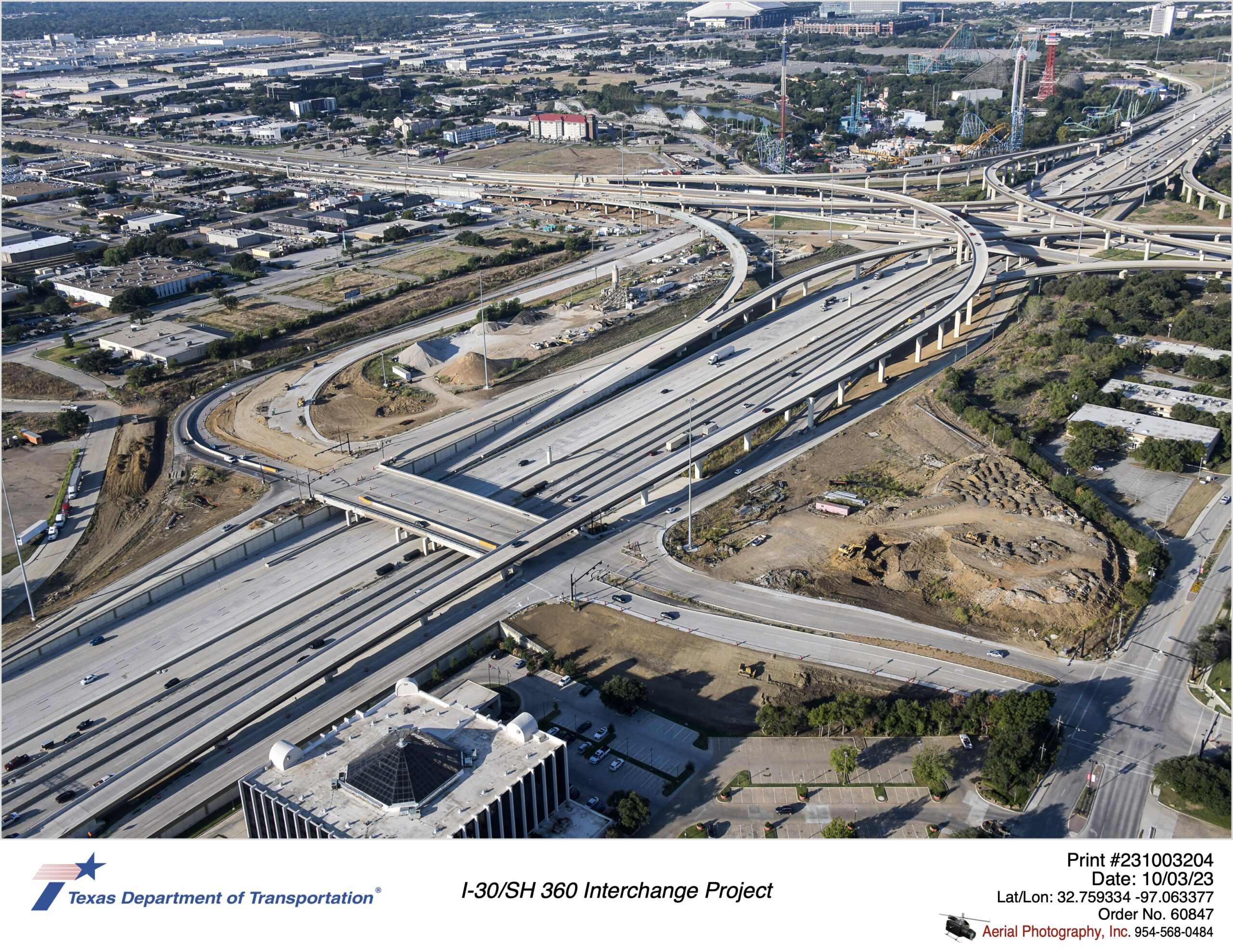 I-30 and SH 360 interchange in background looking west southwest. October 2023.