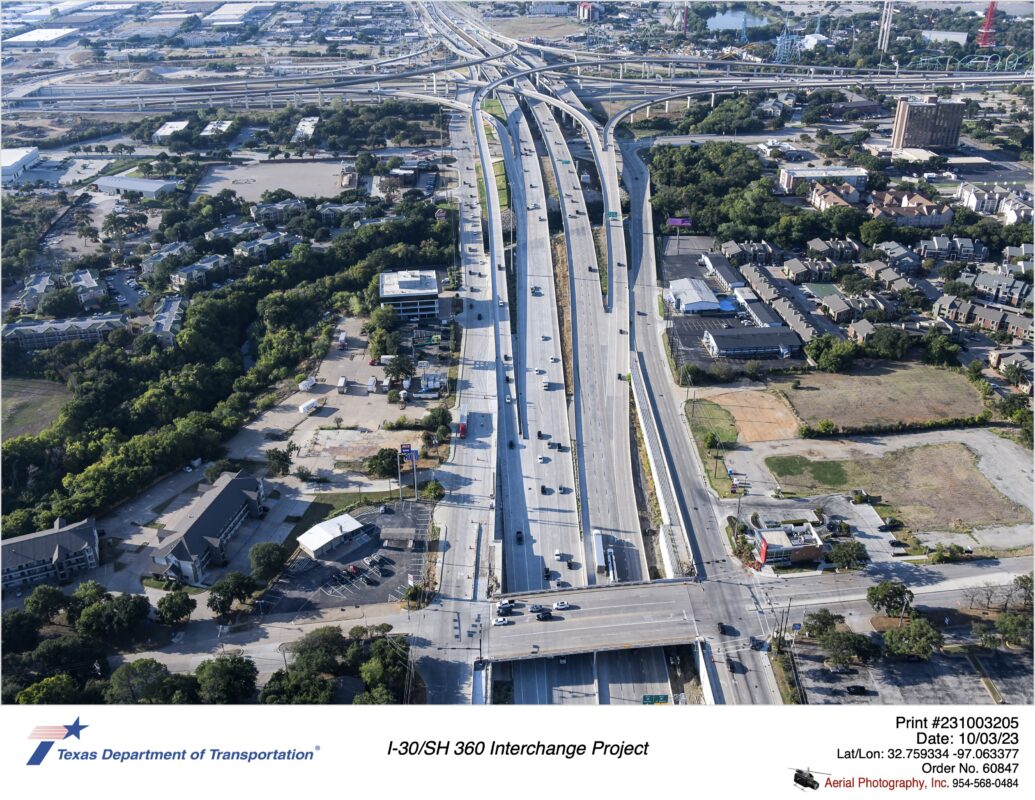 SH 360 looking south over Ave J interchange. October 2023.