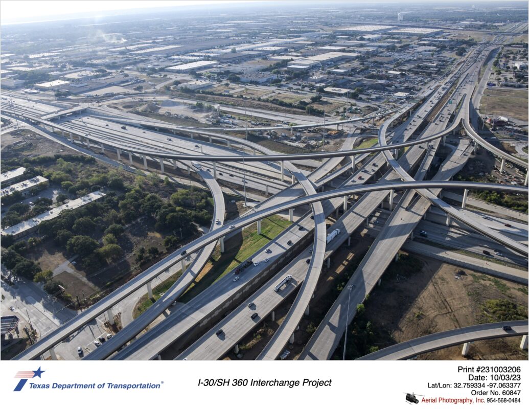 SH 360 and I-30 interchange looking southeast. October 2023.
