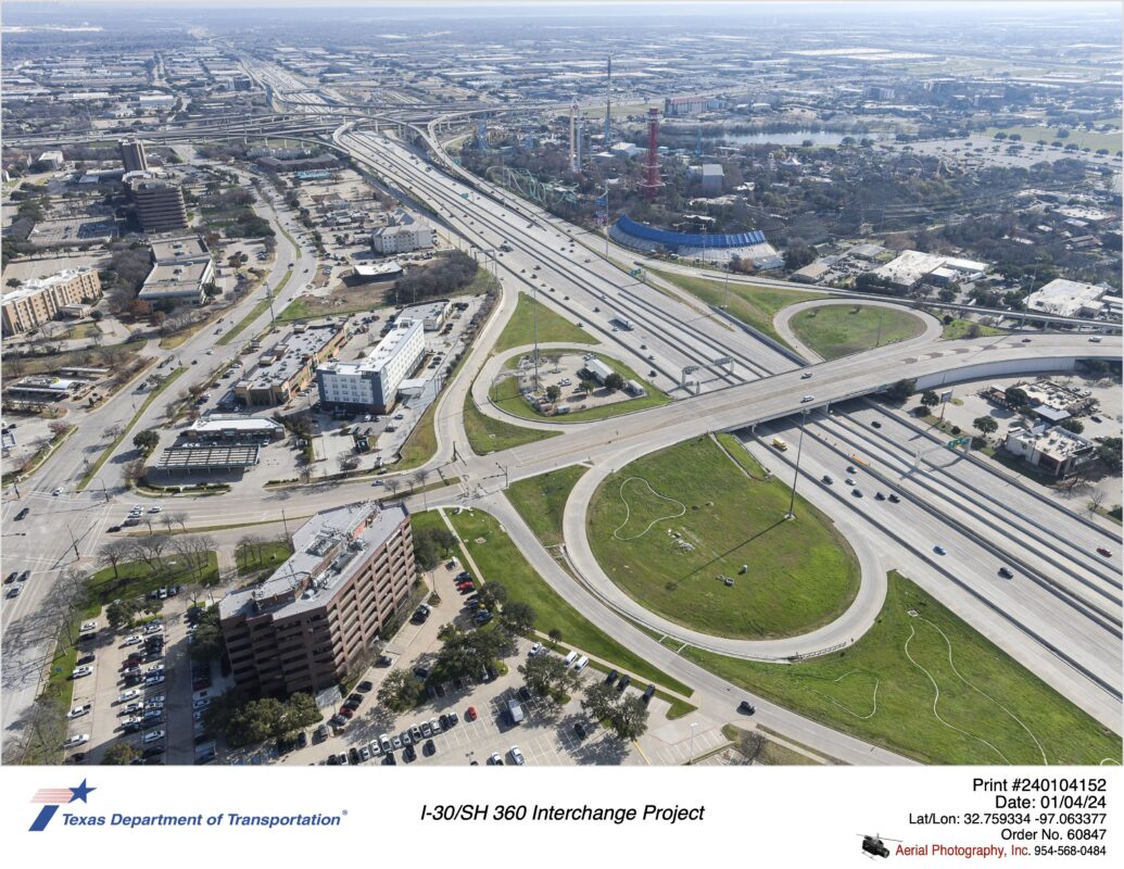 I-30 and Ballpark Way interchange looking southwest.