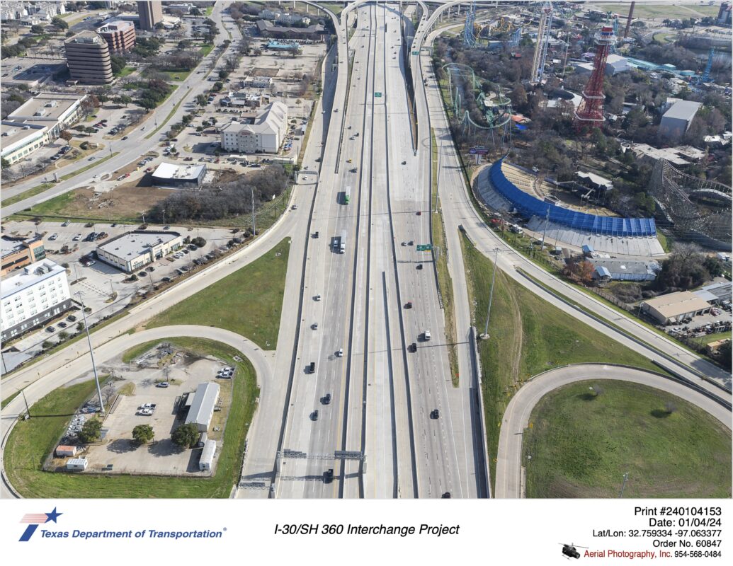 I-30 looking east over the Ballpark Way interchange.