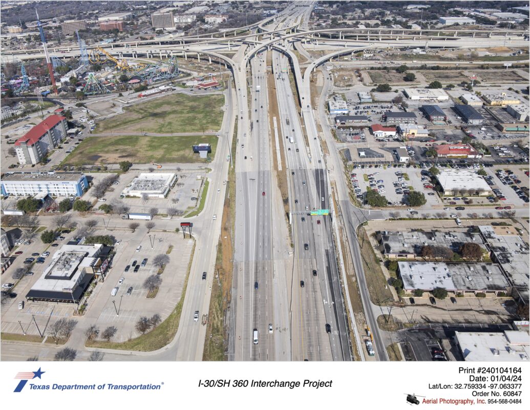 SH 360 looking north over Randol Mill Rd at interchange with I-30.
