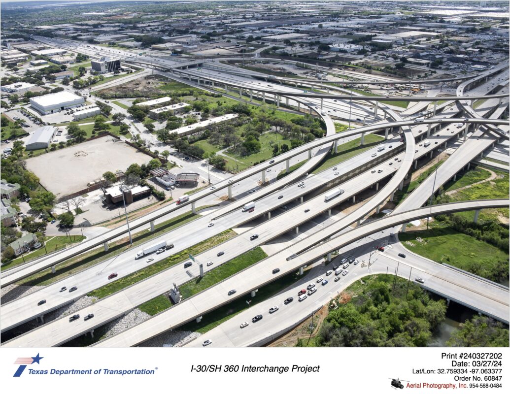 I-30/SH 360 interchange looking southeast over Lamar Boulevard interchange.