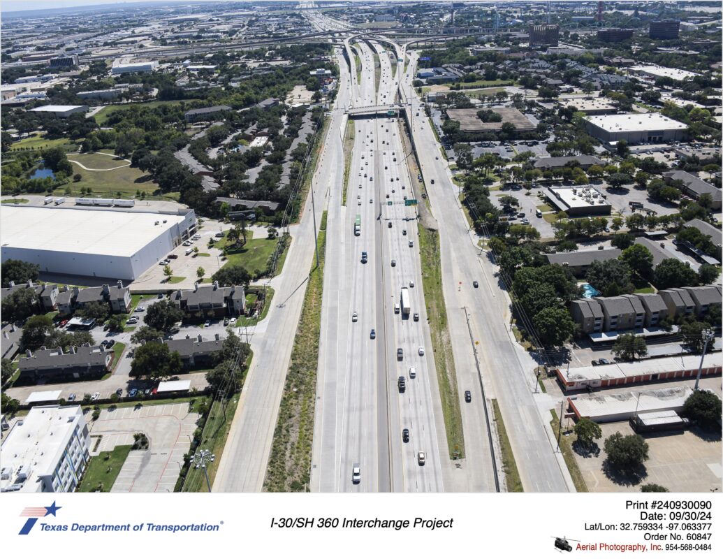 SH 360 looking south at the Ave J interchange in the mid-ground. September 2024.