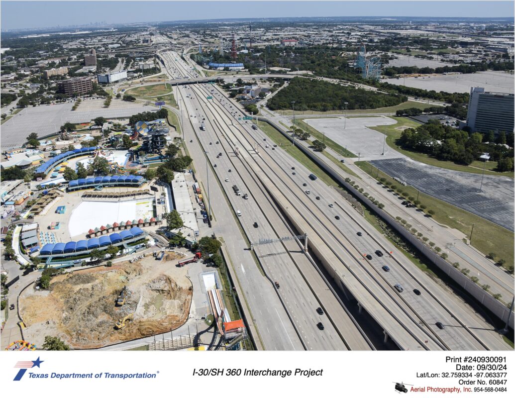 I-30 looking west at Ballpark Way interchange in background. September 2024.