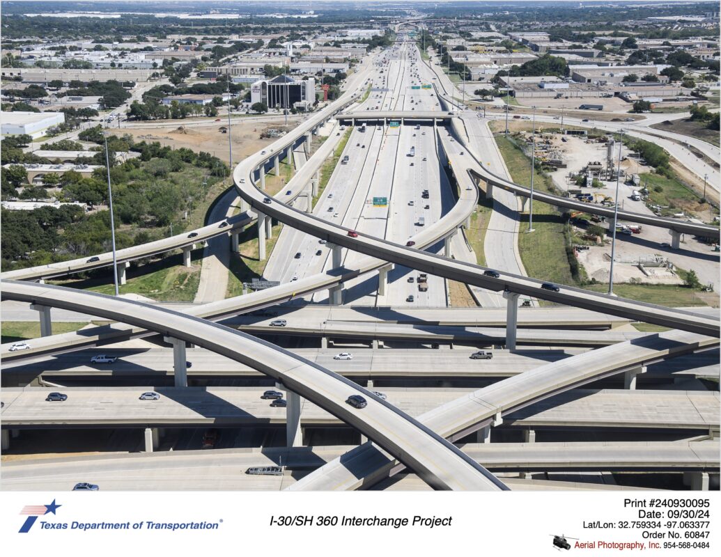 I-30 and SH 360 interchange looking east with SH 360 in foreground. September 2024.