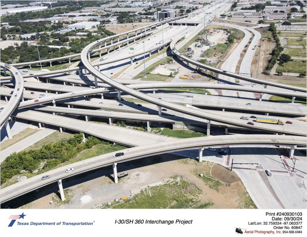 SH 360 and Six Flags Dr interchange looking east. September 2024.