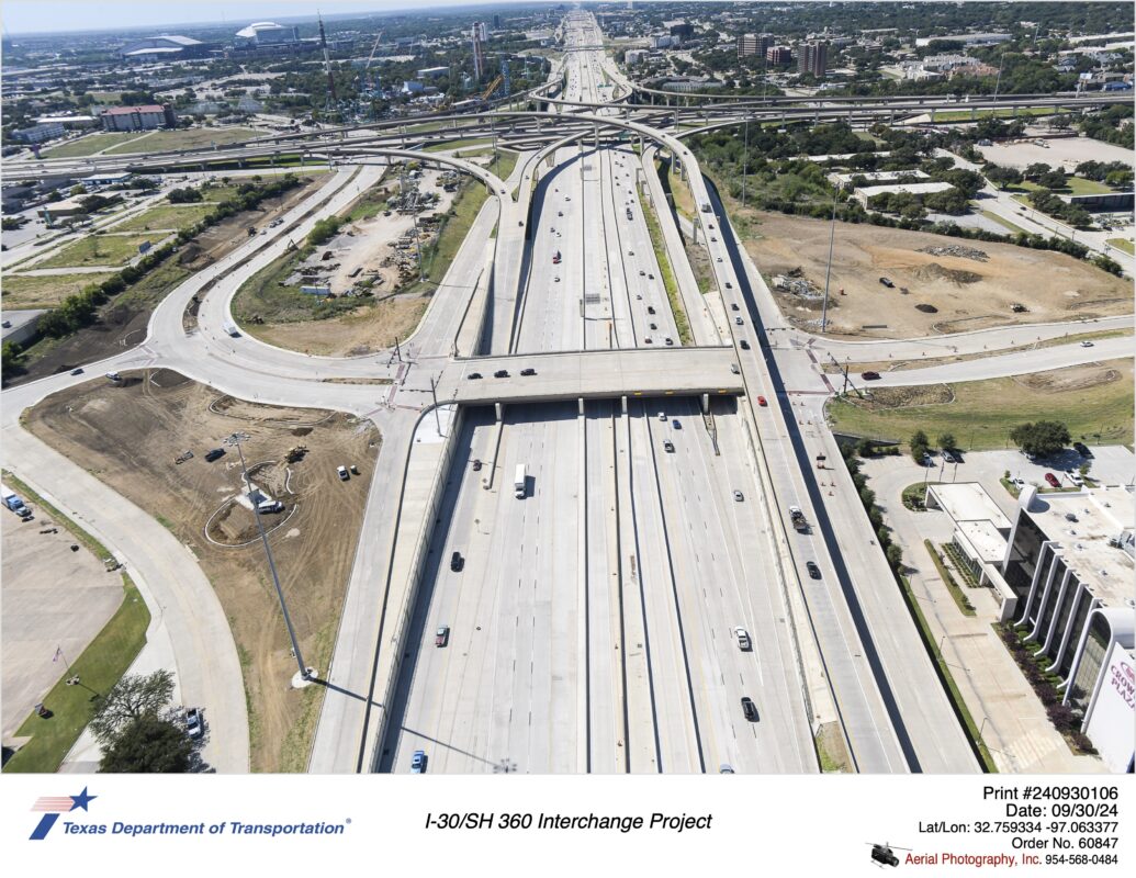 I-30 and Six Flags Dr interchange looking west. September 2024.